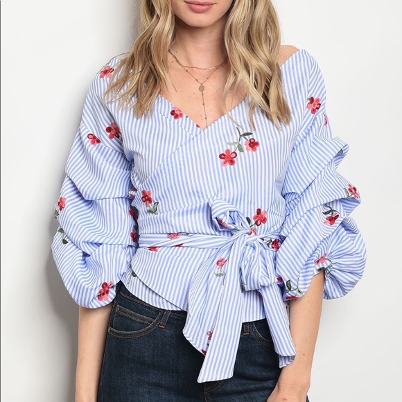 🌺Embroidered striped wrap top🌺 - Picture 2 of 3